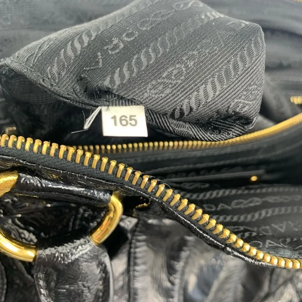Auth Prada Black Patent Leather Whipstitch Tonal Stripe Satchel Lightweight